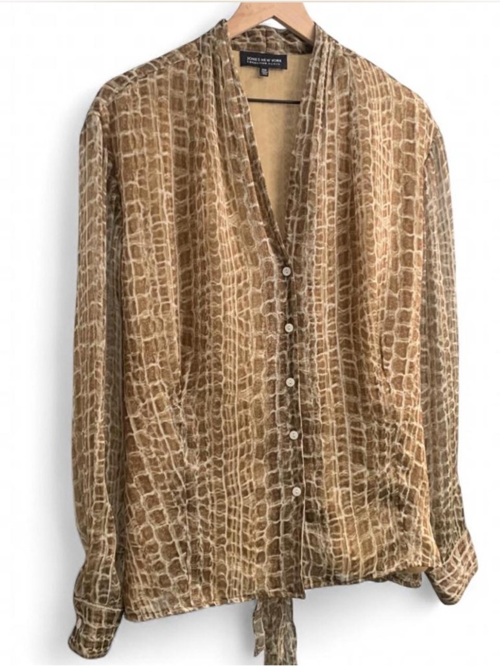 Jones New York Brown sheer printed button down  blouse tie back details size 24W